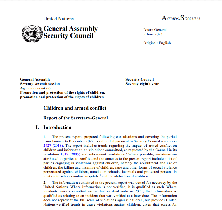United National- “Children and Armed Conflict”  Report of the Secretary – General